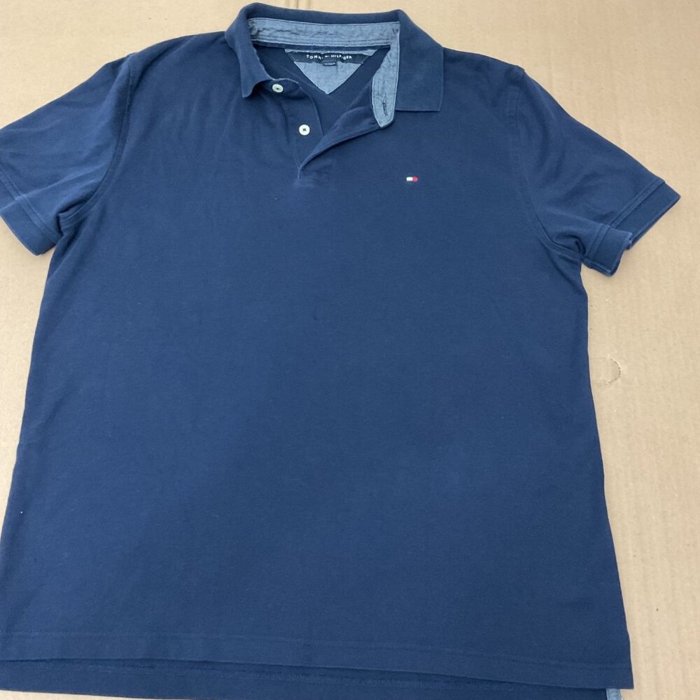 Tommy Hilfiger Navy Blue Short Sleeve Polo Shirt Mens Size L Cotton Blend Classi